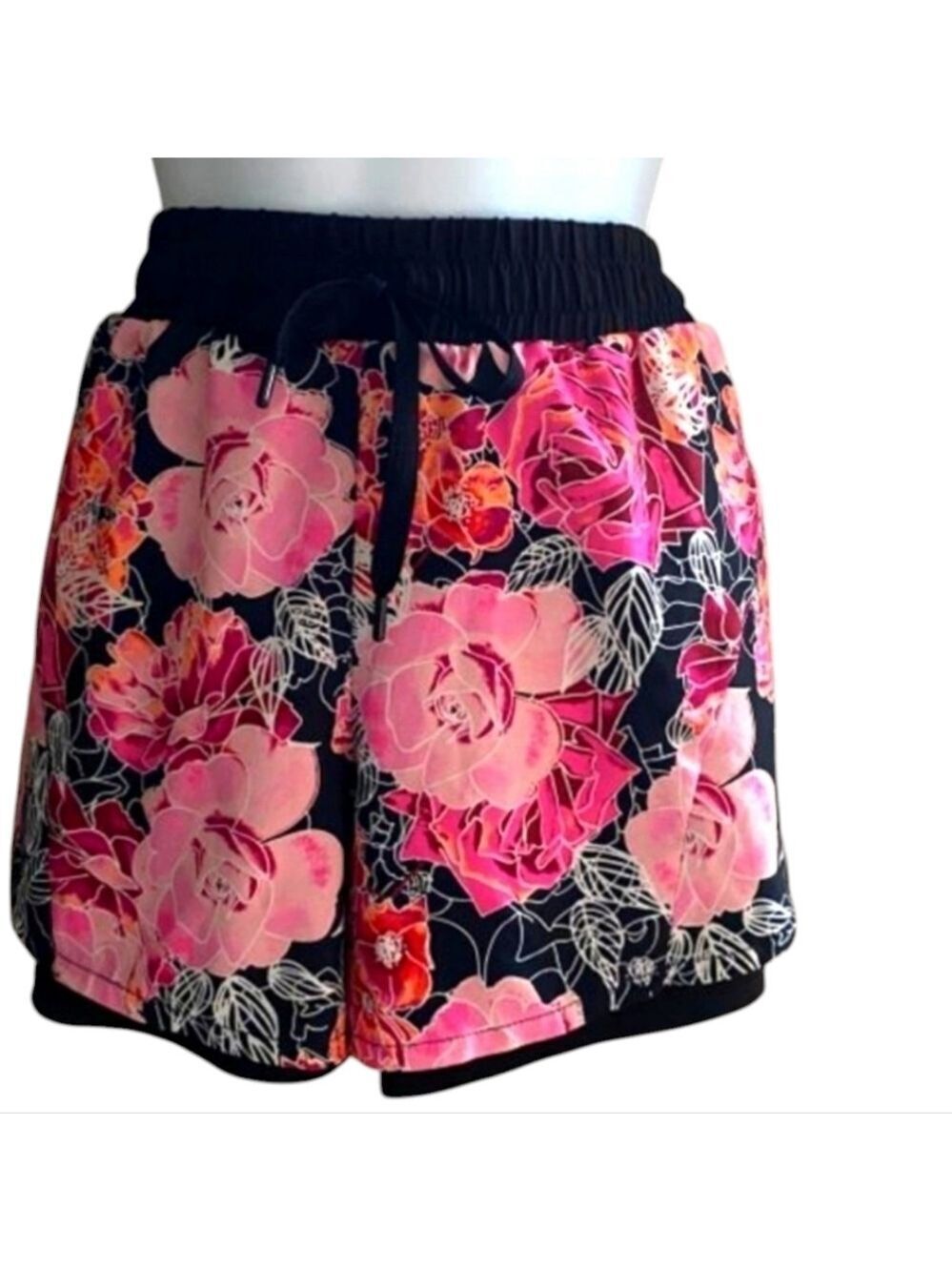 DANSKIN Pink & Black Floral Print Compression Dri More Athletic Short Size Large